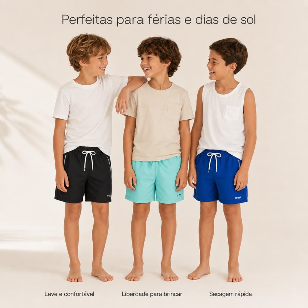 Kit 3 Bermuda Tactel Infanto Juvenil 12 ao 16 Anos Praia Futebol