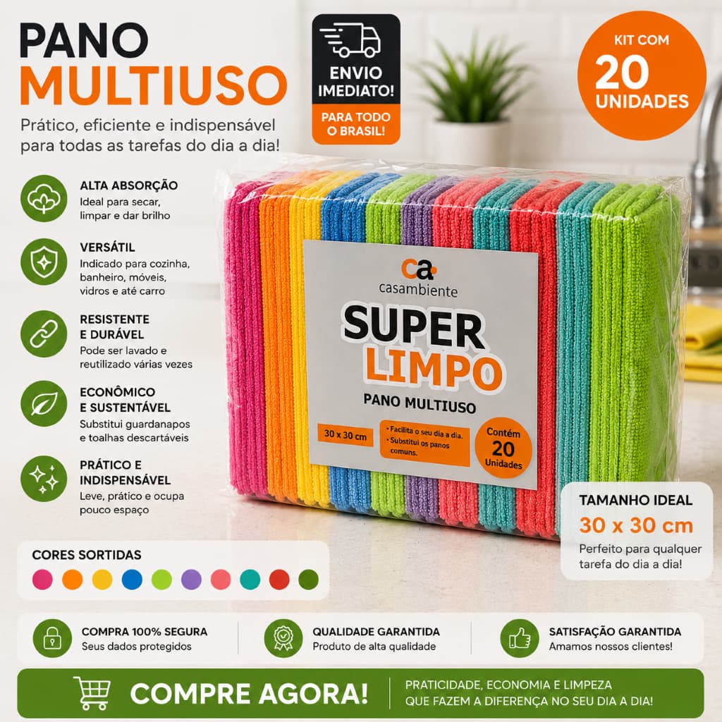 Kit com 10 Unidades/ Kit com 20 Unidades Pano Microfibra, Multiuso, 30x30cm