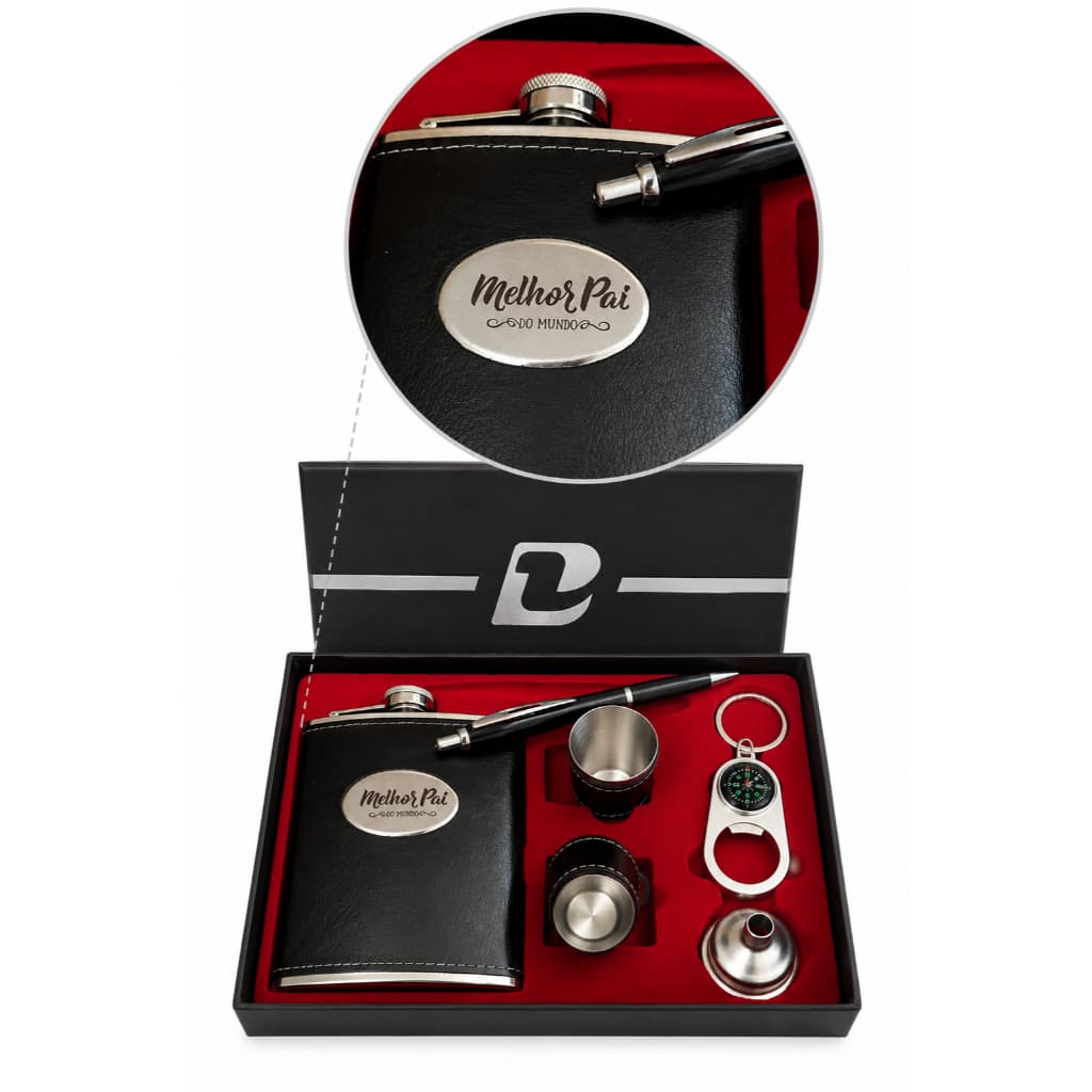 Kit Cantil Inox 250ml Chaveiro 2 Copos Funil Caixa Presente