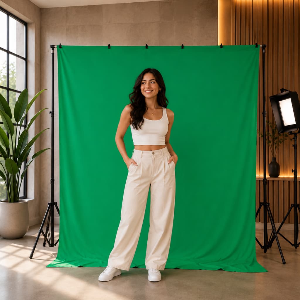 Fundo Fotográfico Chroma Key Verde Fundo Infinito com Presilhas para Estúdio e Gravação de Vídeos