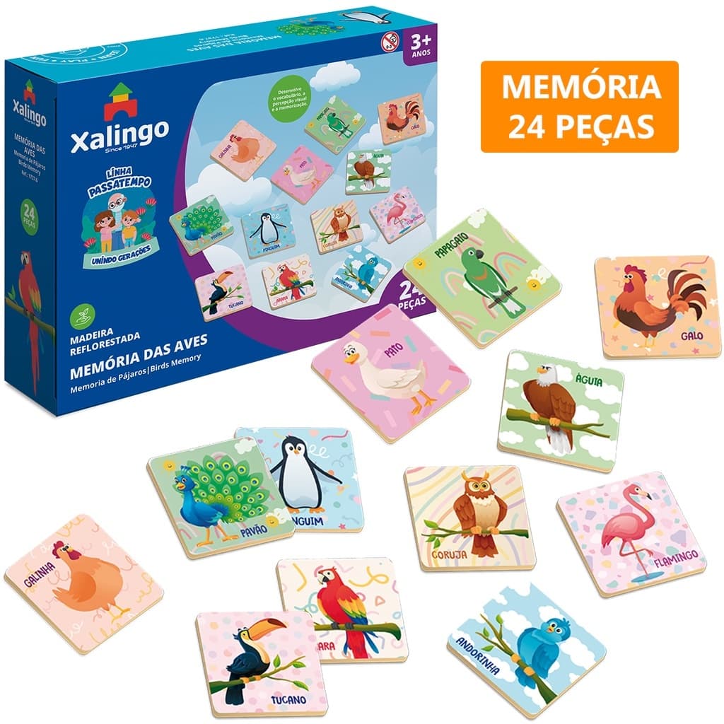 Jogo Infantil em Madeira Reflorestada Memória das Aves 24 Peças Xalingo 1737-6 Linha Passatempo