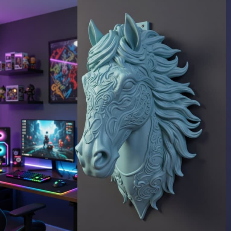 Busto Cabeça de Cavalo Ornamentado de Parede com Suporte Parafuso Bucha para Fixação Impresso em 3D