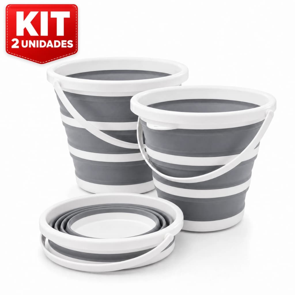 Kit 2/1 Baldes Dobráveis 10 Litros Retrátil Silicone Cinza e Branco Multiuso para Limpeza, Camping e Lavanderia