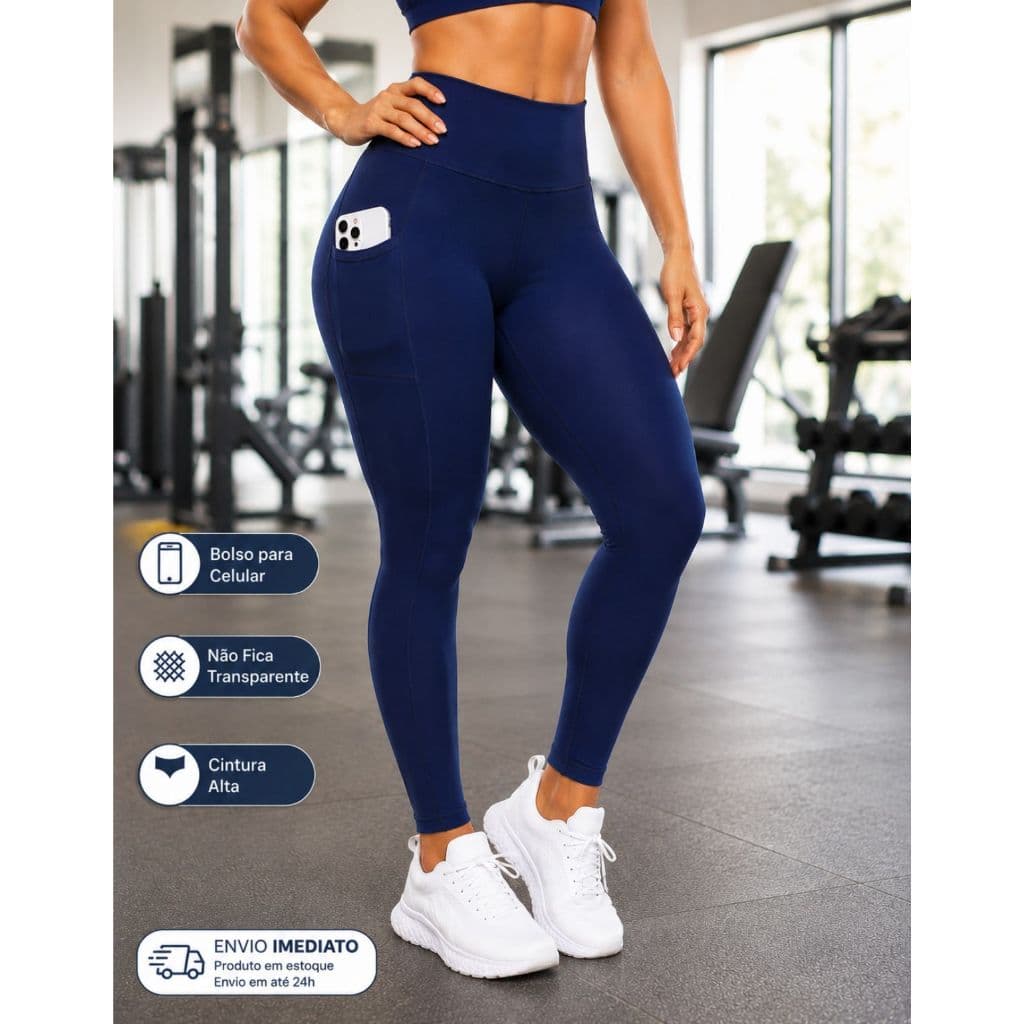 Calça Legging Feminina Cós Alto Bolso Lateral Suplex Grossa Academia Treino Corrida Caminhada Musculação Fitness