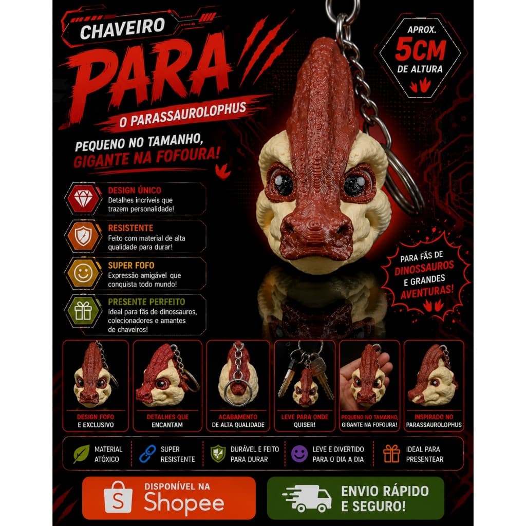 🦕 Chaveiro Para | Parasaurolophus | Impressão 3D em PLA | Fofo, Leve e Cheio de Personalidade