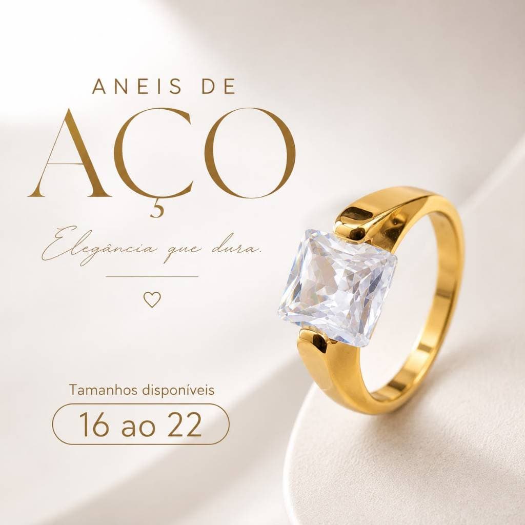 Anel Aurora Feminino Aço Inoxidável Dourado com Pedra Zircônia Quadrada Luxo Tam. 16 ao 22 Virginia