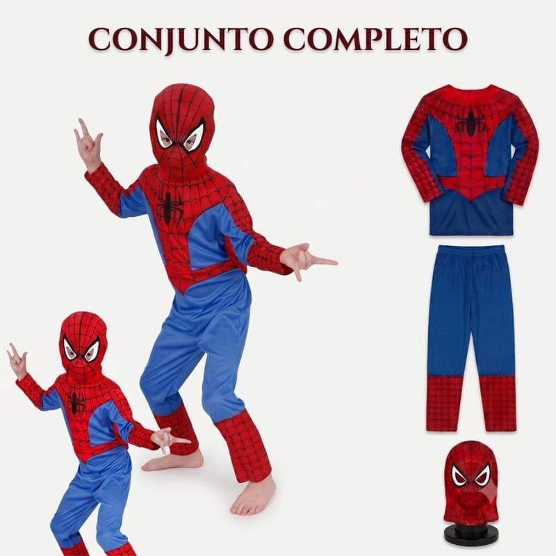 Fantasia Infantil Menino Roupa Homem Aranha Longa Spider Man Com Máscara