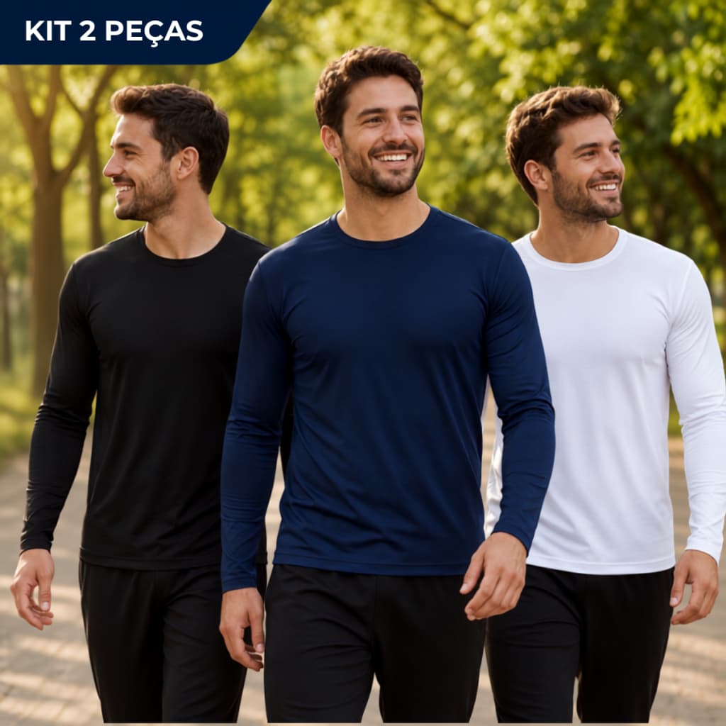 Kit 2 Camisetas UV Masculina Manga Longa Dry Fit Preta Azul Branca Leve Pesca Praia Diaria