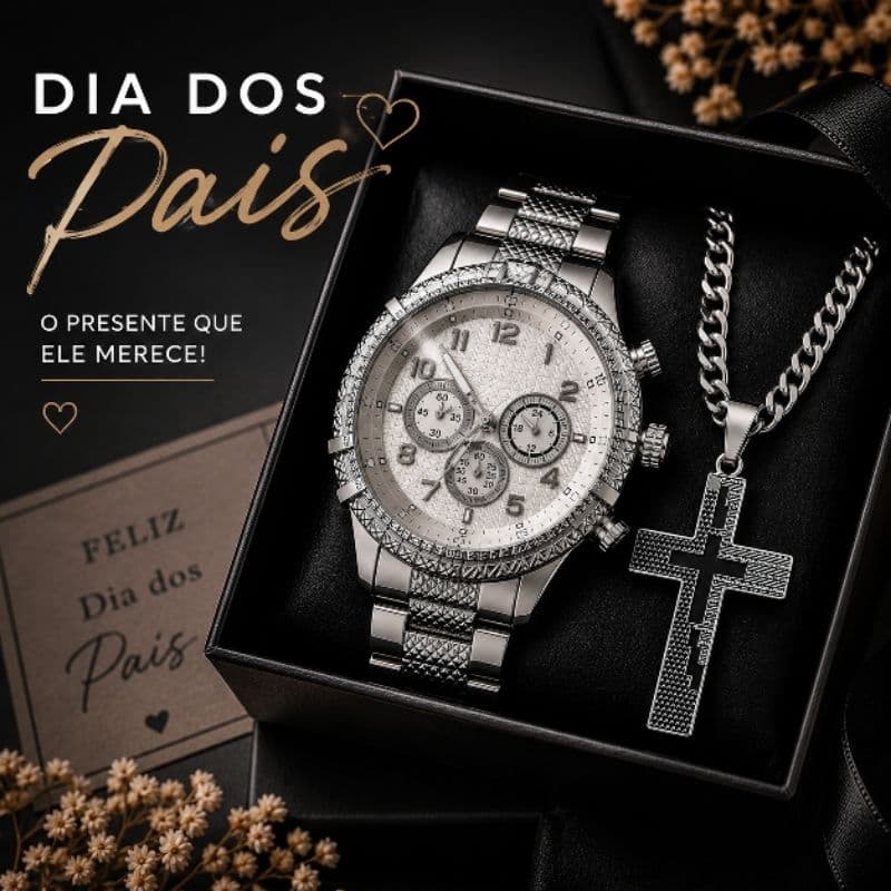 Kit Relógio Masculino + Corrente Cruz Dia dos Pais | Caixa Presenteável com Laço | Presente para Pai