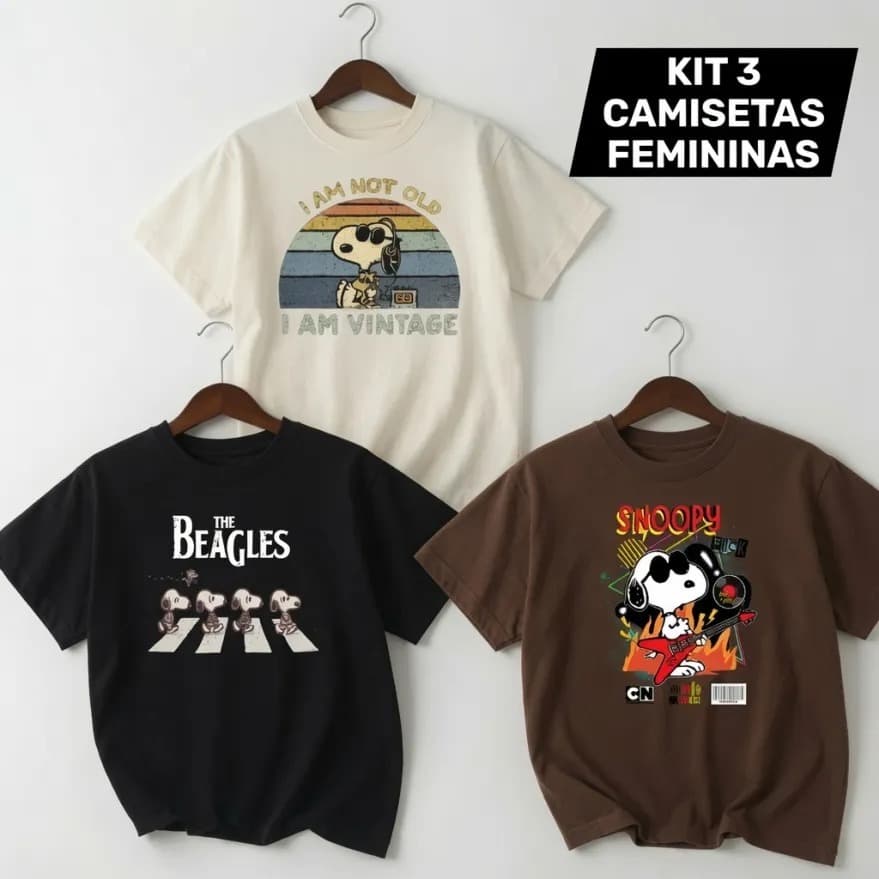Camiseta Feminina Snoopy Kit 3 Estampadas Aesthetic Unissex Algodão Premium