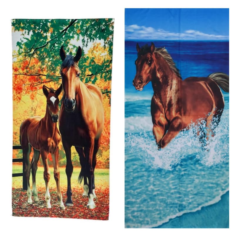 Kit Com 2 Toalhas De Banho Animais Praia Piscina Estampa de Cavalos