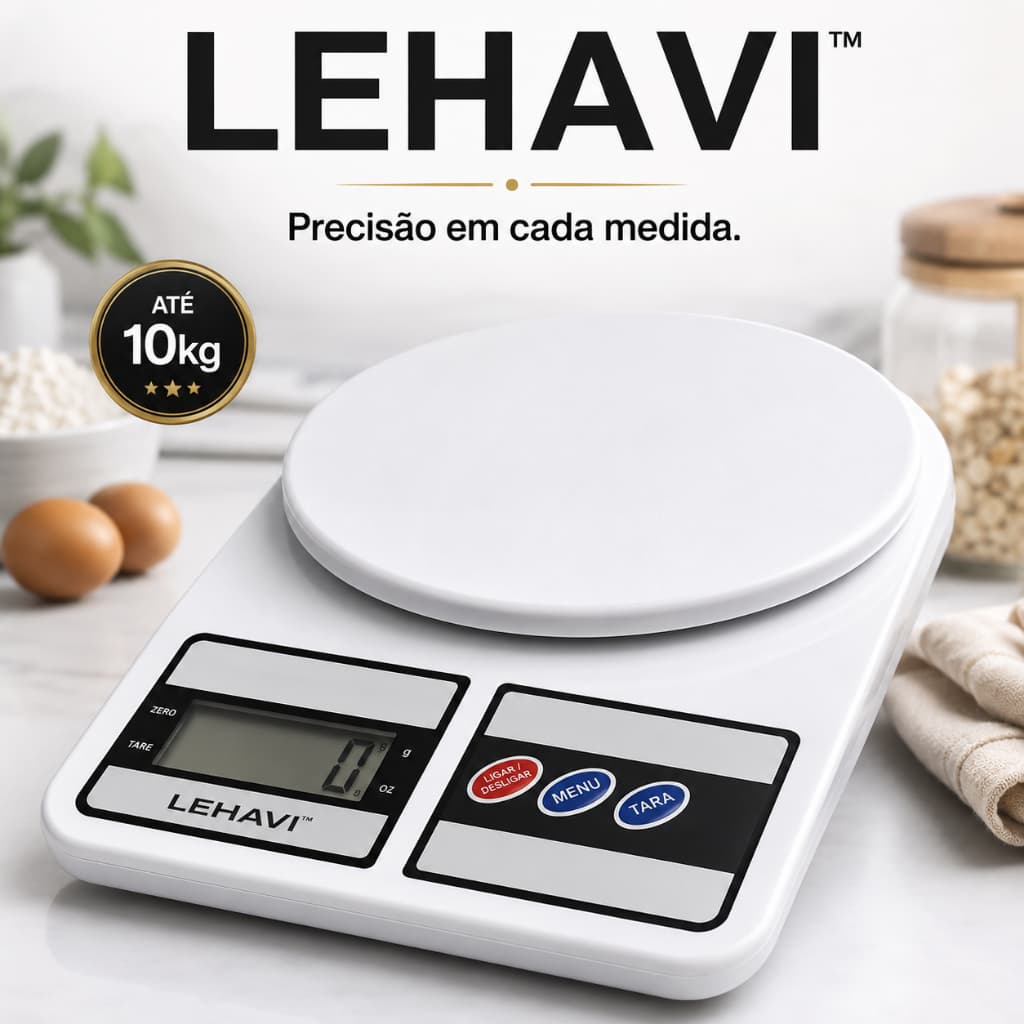 Balança Digital de Cozinha 10kg Lehavi Alta Precisão com Tara Display LCD para Alimentos Dieta Confeitaria