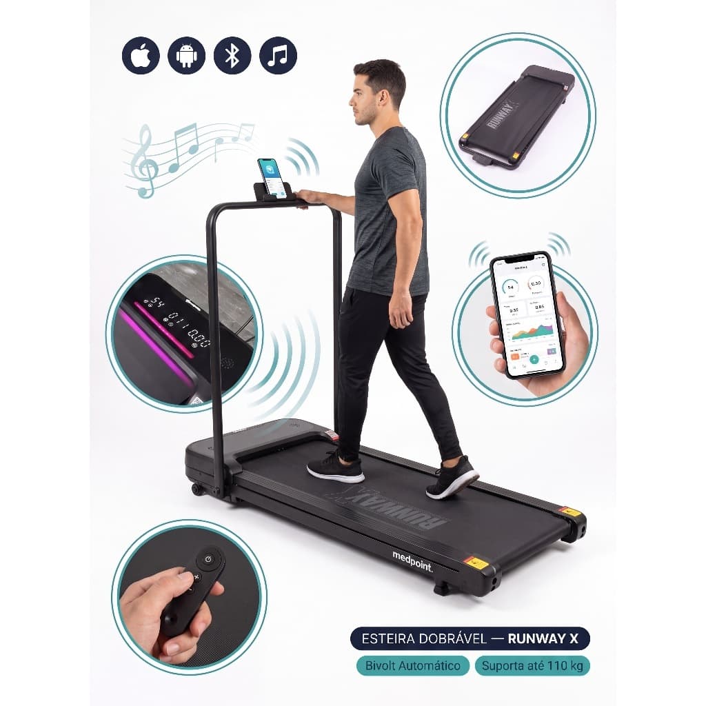 Esteira Eletrica Bivolt  MedPoint Bluetooth  Som Luz Residencial Portatil Braço Dobravel Silenciosa