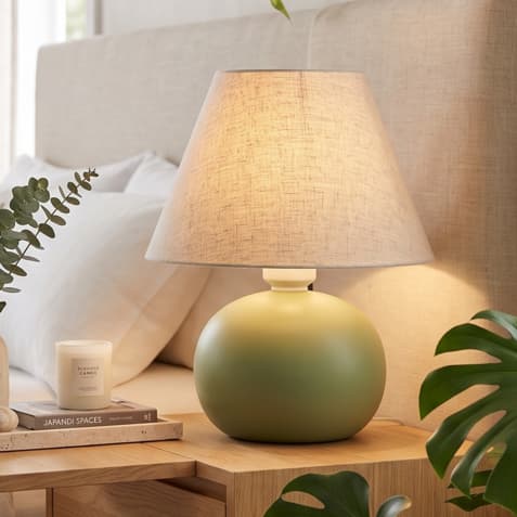 Abajur Bolinha Pequeno Cerâmica Artesanal com Cúpula de Tecido | Luminária de Mesa para Quarto, Sala, Escritório