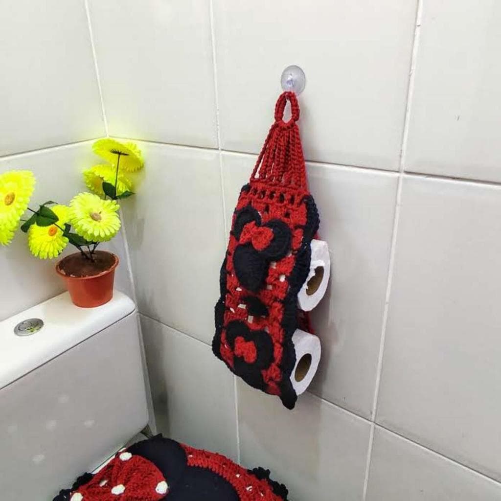 Porta-Papel Higiênico De Crochê Modelo Minnie Artesanal Bordado Com 3 Lugares