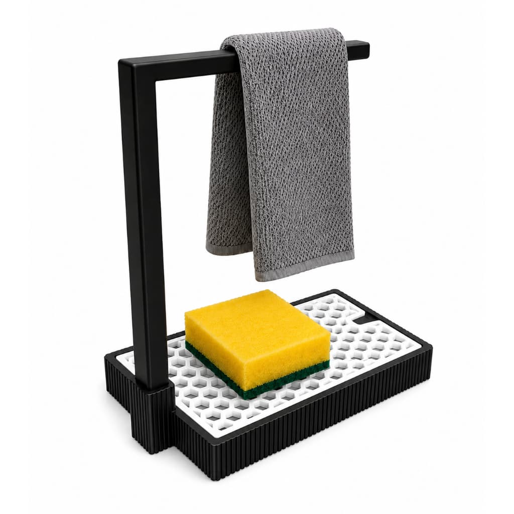 Porta Esponja de Pia com Suporte para Pano de Prato | Organizador de Pia Preto e Branco