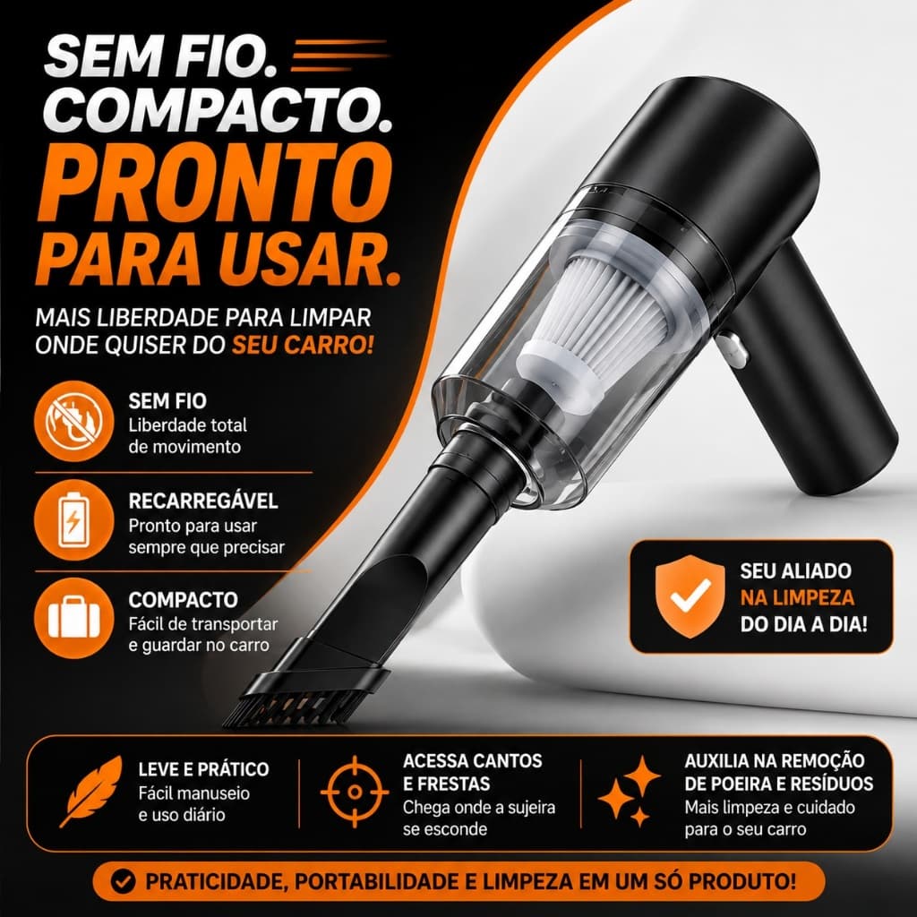 Aspirador de Pó Portátil Recarregável para Carro Sem Fio Potente Mini Aspirador Automotivo