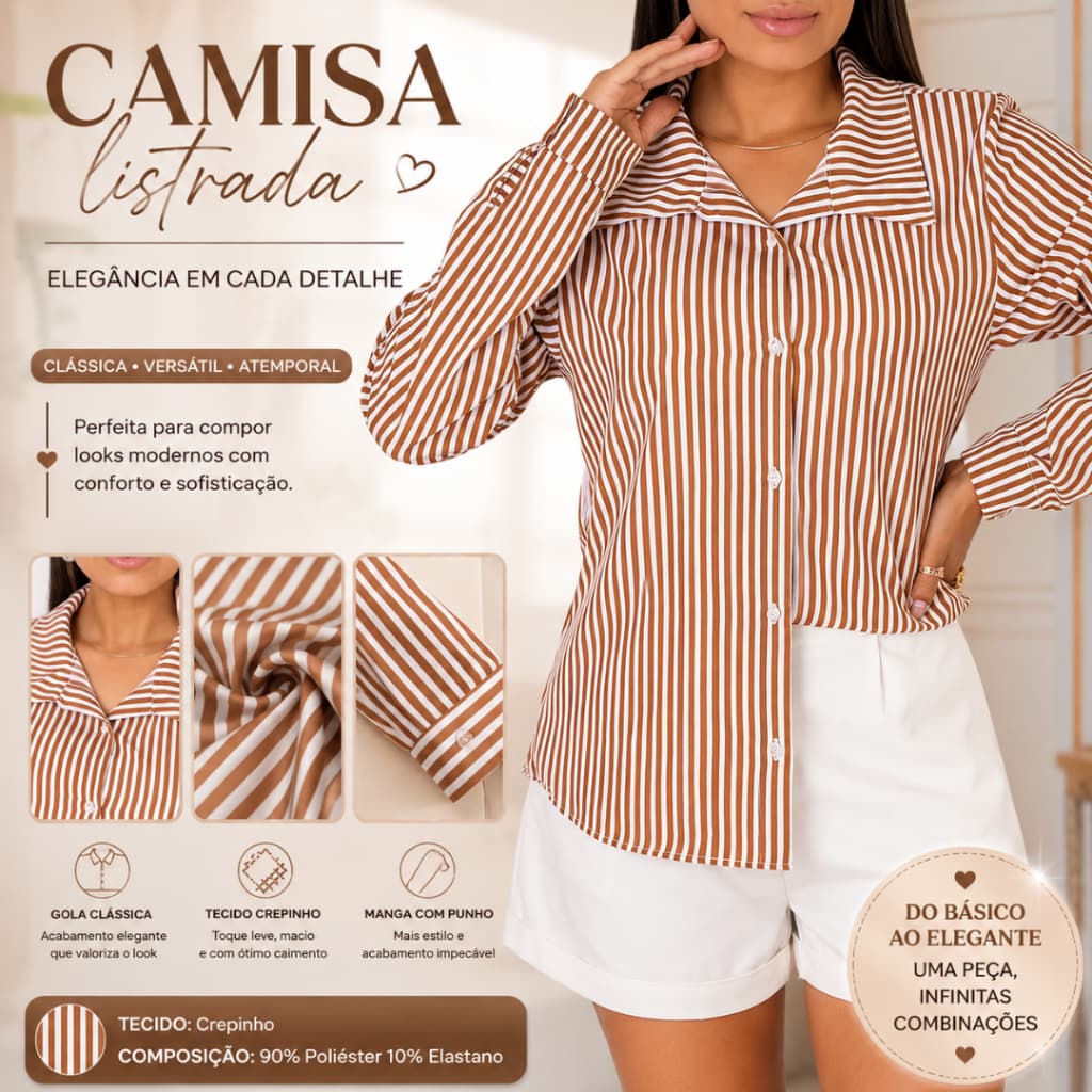 Camisa Feminina Listrada Social Manga Longa Elegante Crepinho Casual Escritório Premium