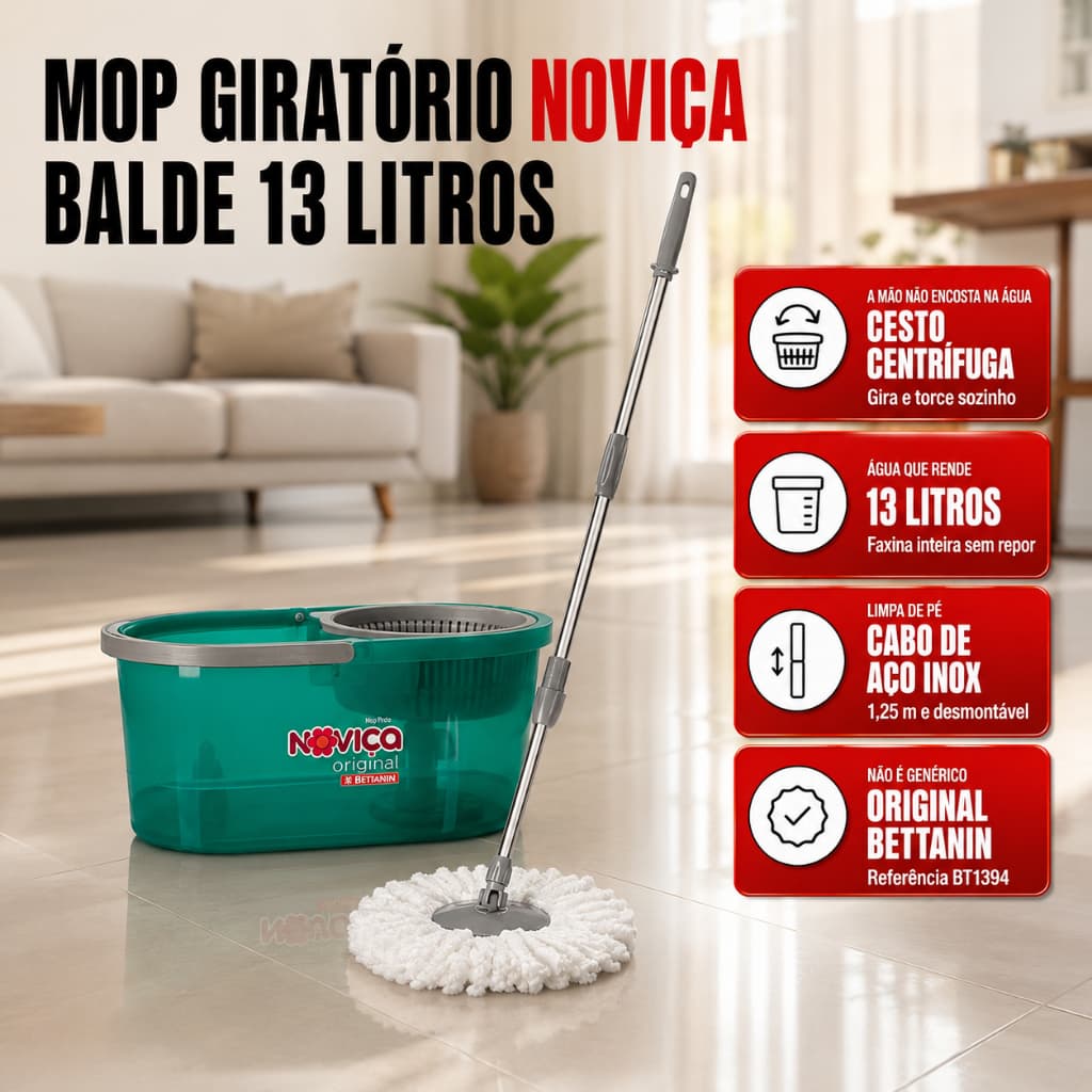 Mop Giratório 13 Litros Balde Centrífuga Rodo Mop Esfregão Piso Porcelanato Microfibra Laminado