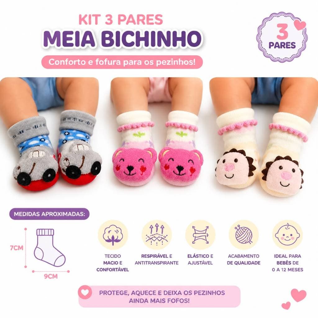 Kit 3 pares de Meia Bichinhos Sortidos 3D Bebê Infantil Antiderrapante Antialergico Menino Menina Unissex 0 a 12 meses