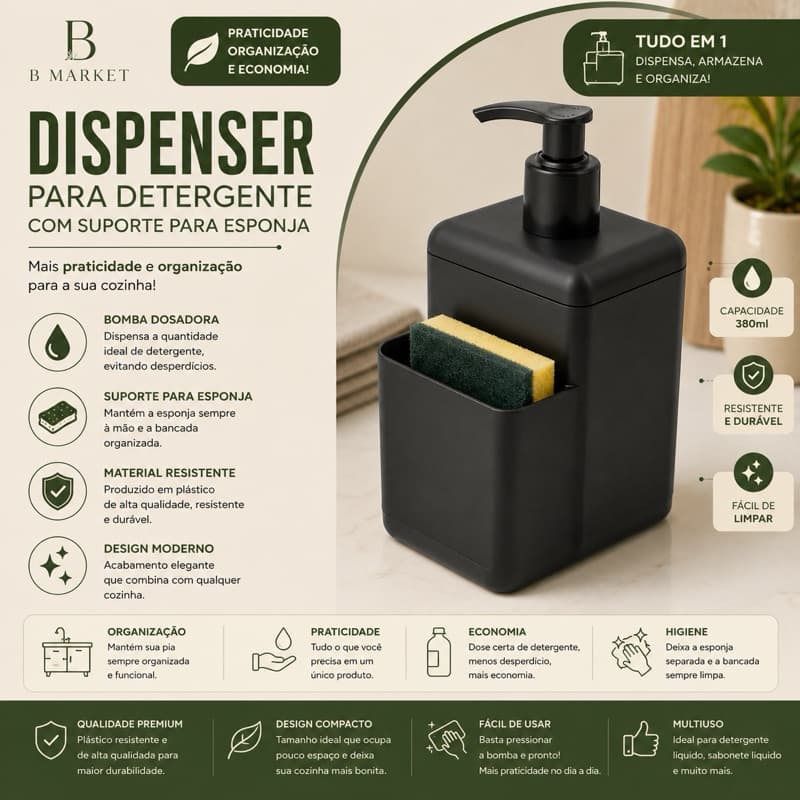 Porta Detergente Coza Single 500ml com Compartimento para Esponja