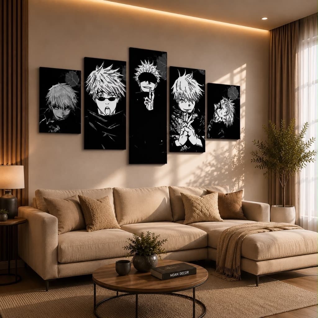 Quadro Decorativo Mosaico Jujutsu Anime Gojo Satoro Preto e Branco P/Quarto