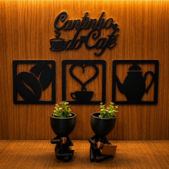 Kit Cantinho do Café 6 Peças com Placas Decorativas e Vasos Modernos com Plantas para Cozinha
