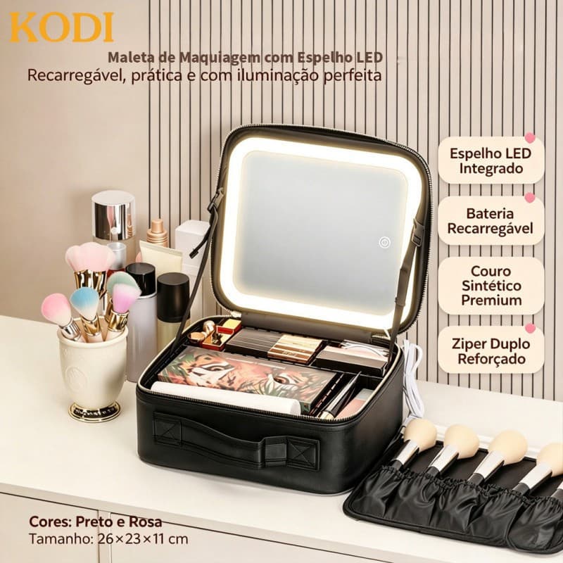 Kit Maleta de Maquiagem Profissional Completa com Espelho e Luz LED + Paleta de Maquiagem-Q10