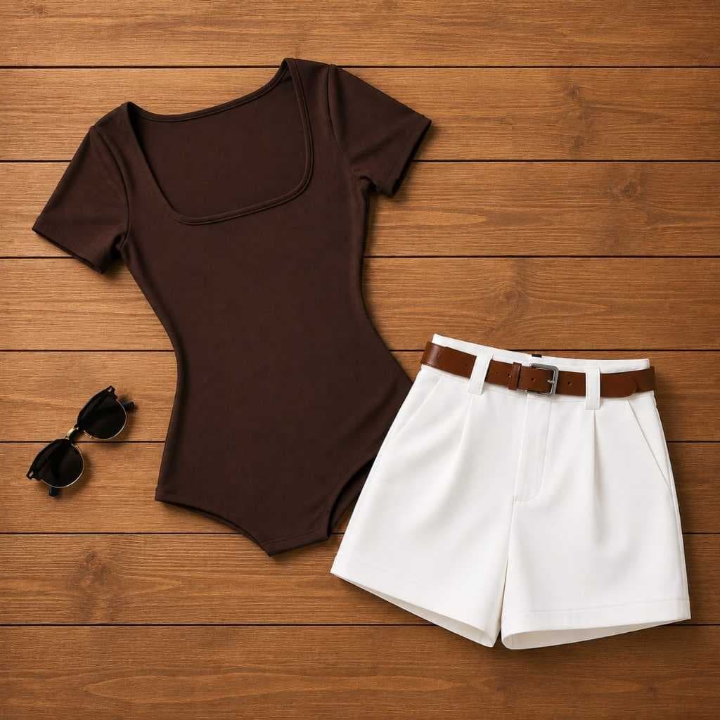 Conjunto Body quadrado feminino+short alfaiataria cintura alta com cinto elegante e casual