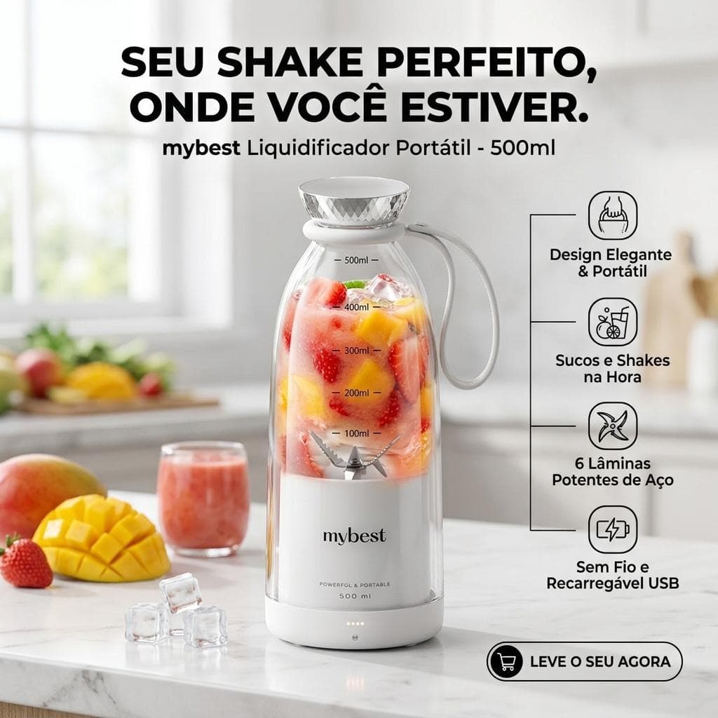 Garrafa Liquidificador Portátil MyBest 350/500ml Trituradora 6 Lâminas Mixer USB Recarregável Premium