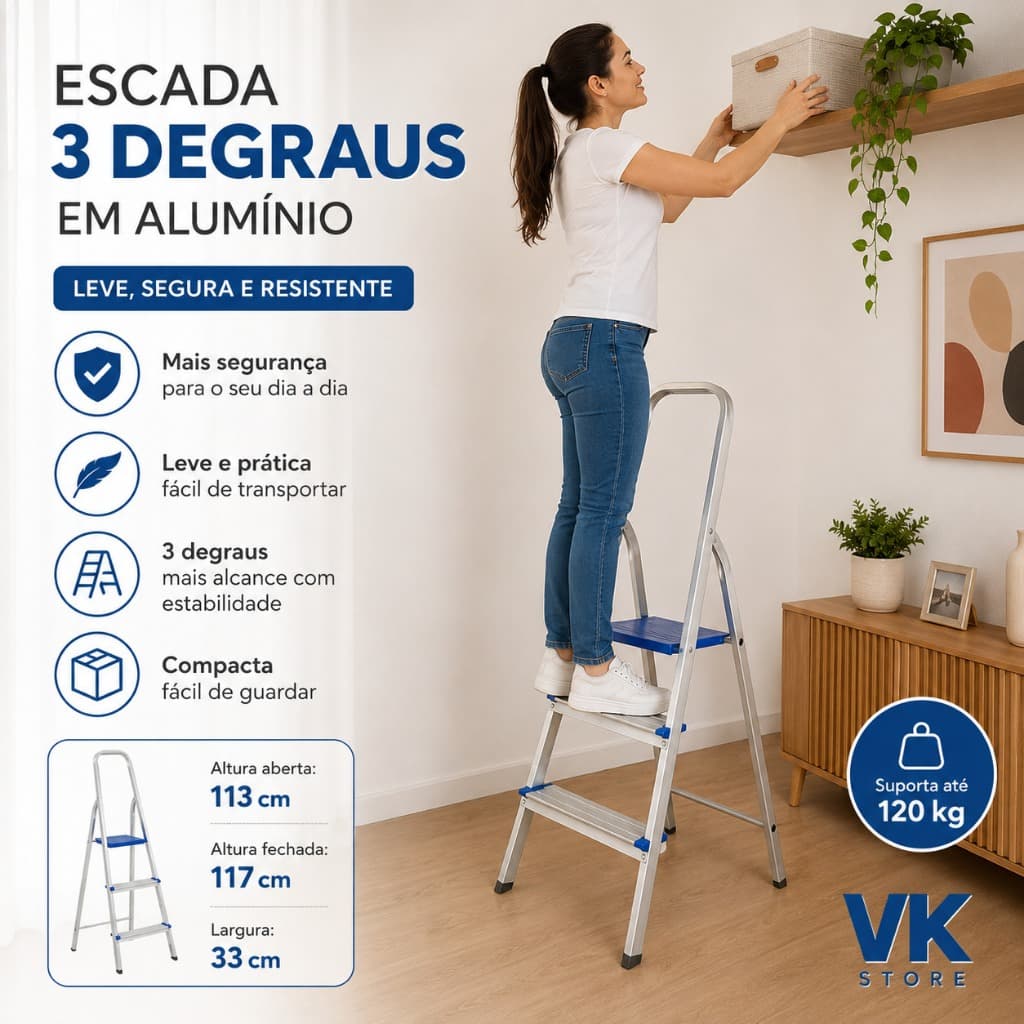 Escada Portátil 3 Degraus em Alumínio para Casa Trabalho e Comércio