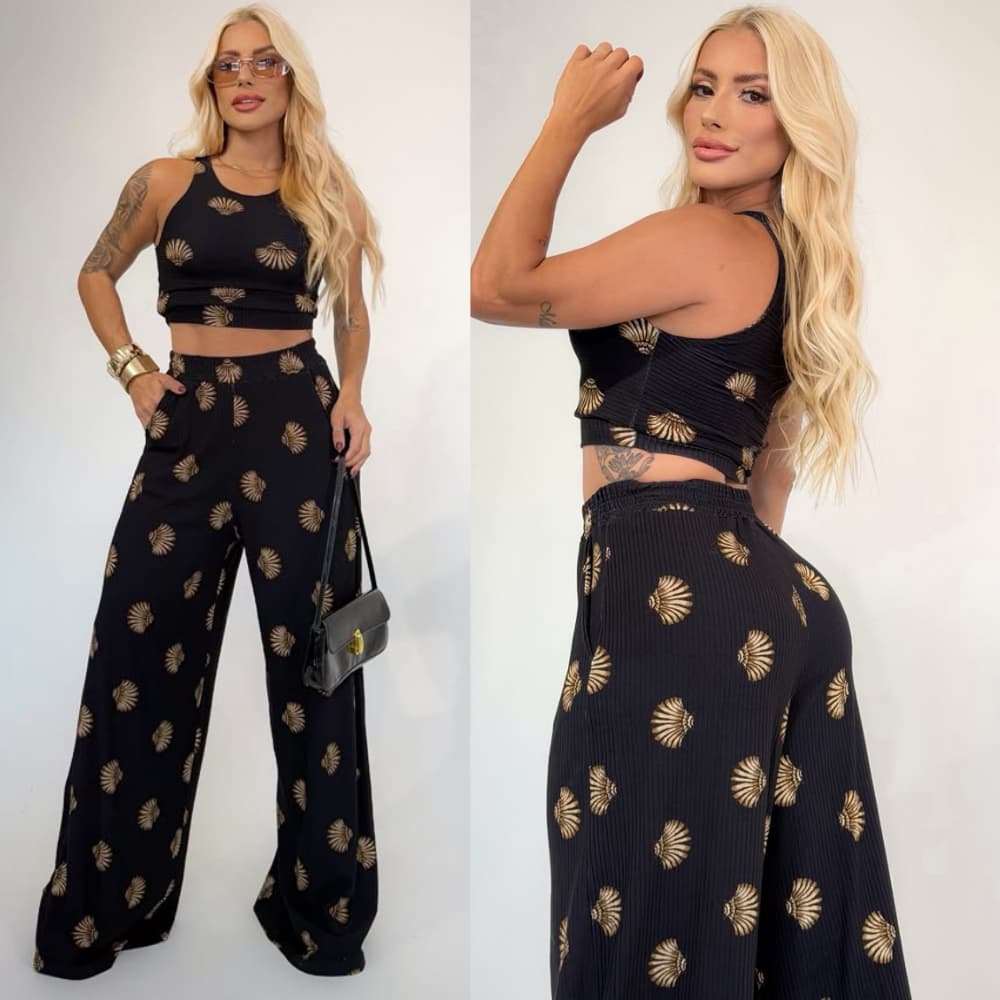 F4RM Calça Pantalona feminina Malha Canelada Preta Estampa Conchita