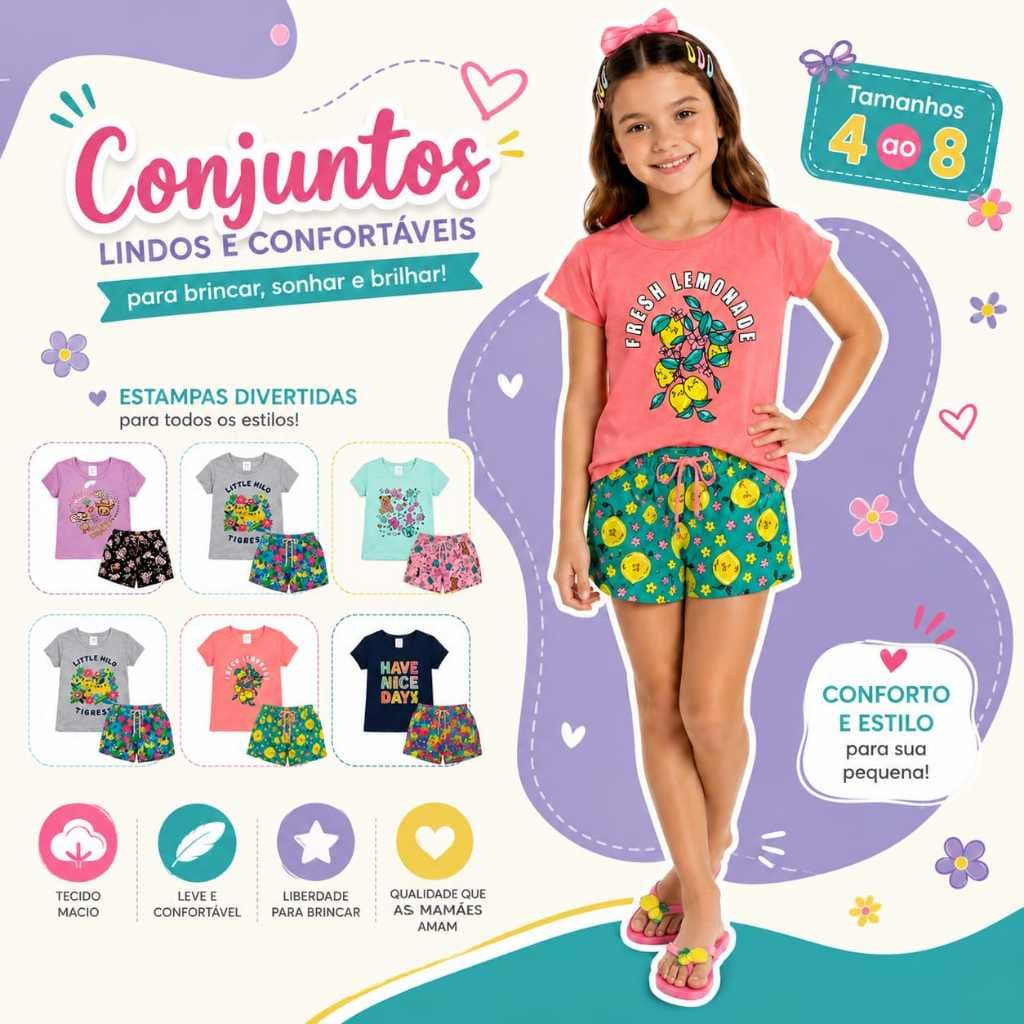 Conjunto Infantil Feminino 2 Peças | Blusa Estampada + Short Estampado com Cordão Decorativo | Tamanhos 1 ao 8