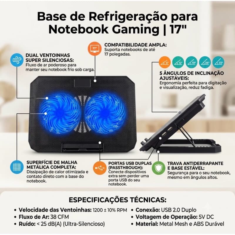 SUPORTE NOTEBOOK - Base Refrigerada Ventilação Silenciosa BM-763