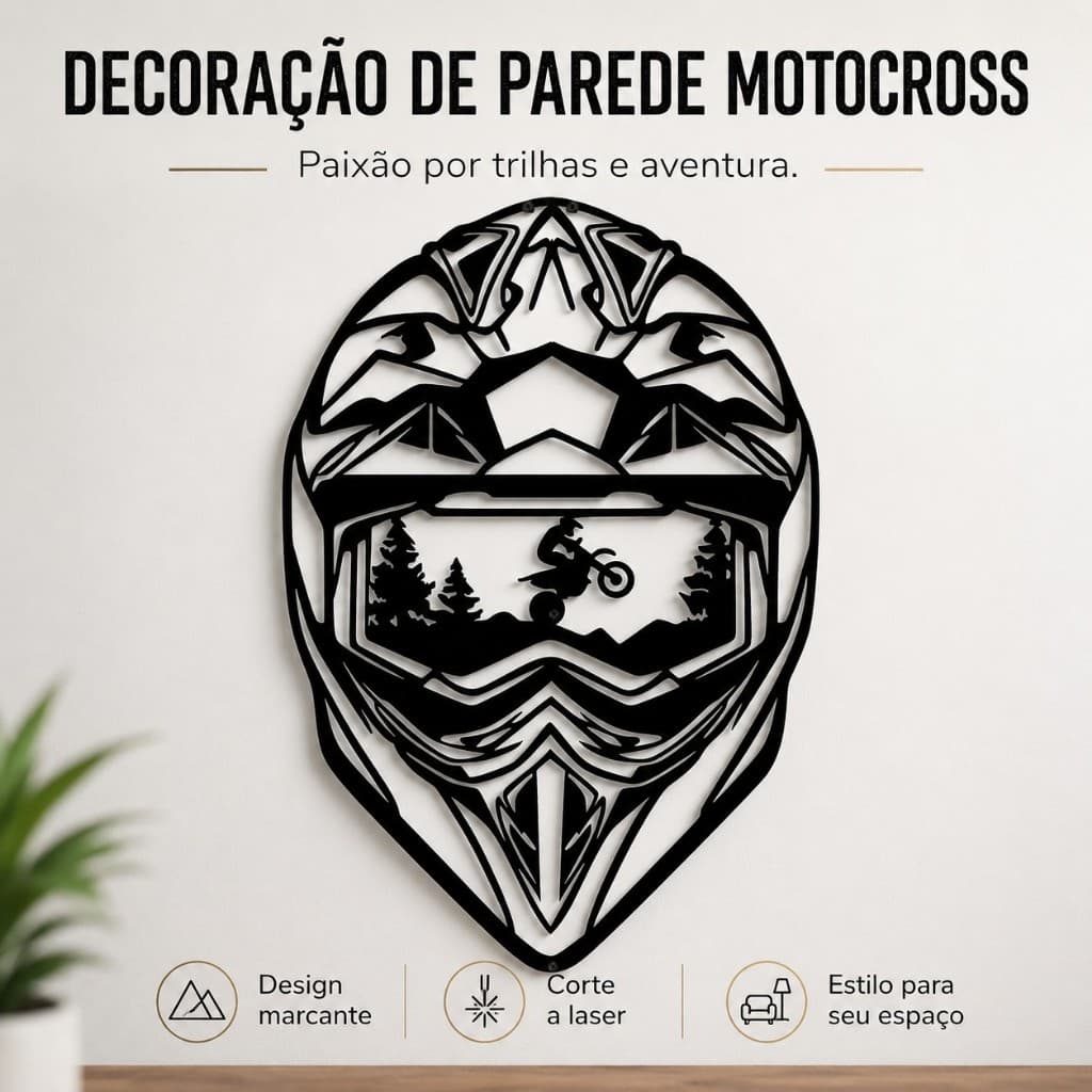 Decoração de Parede em MDF Preto – Capacete Motocross Vazado