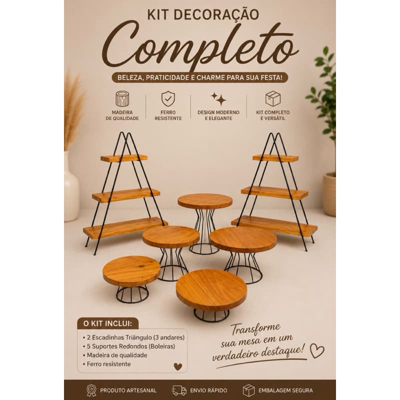 Kit 2Escadinhas +5 Boleiras Decorativa|Madeira Natural ou Envernizada|Preta ou Dourada- Pintura Eletrostatica