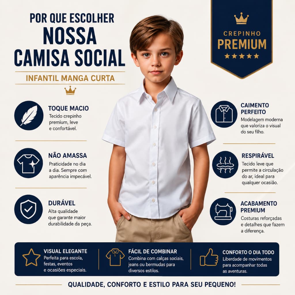 Kit Econômico 3 Camisas Sociais Infantis Manga Curta - Envio Imediato !!!