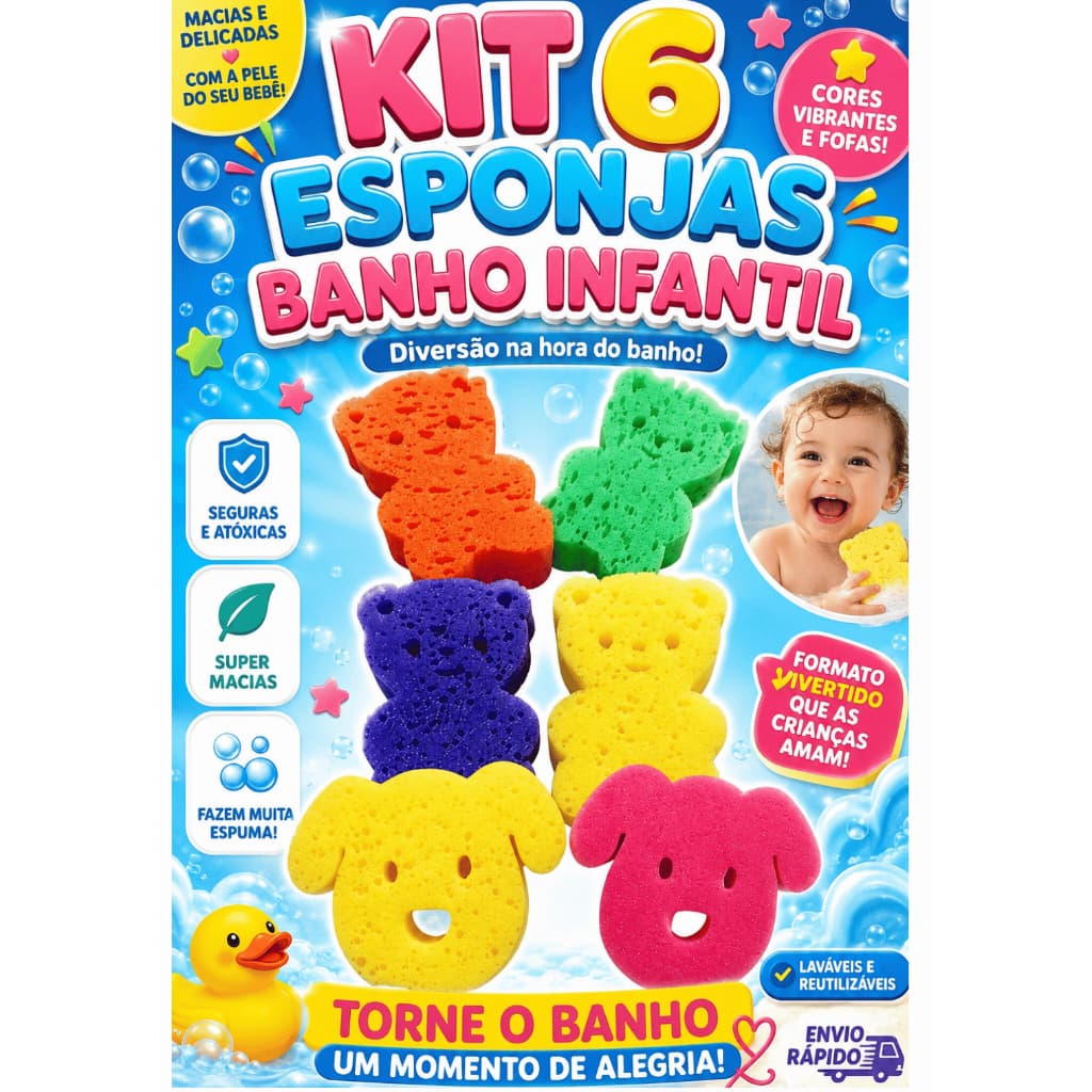 Kit 6 Esponjas Banho Infantil Macias Bichinhos Bebê Criança Esponja de Banho Espuma Macia Colorida Atóxica Lavável