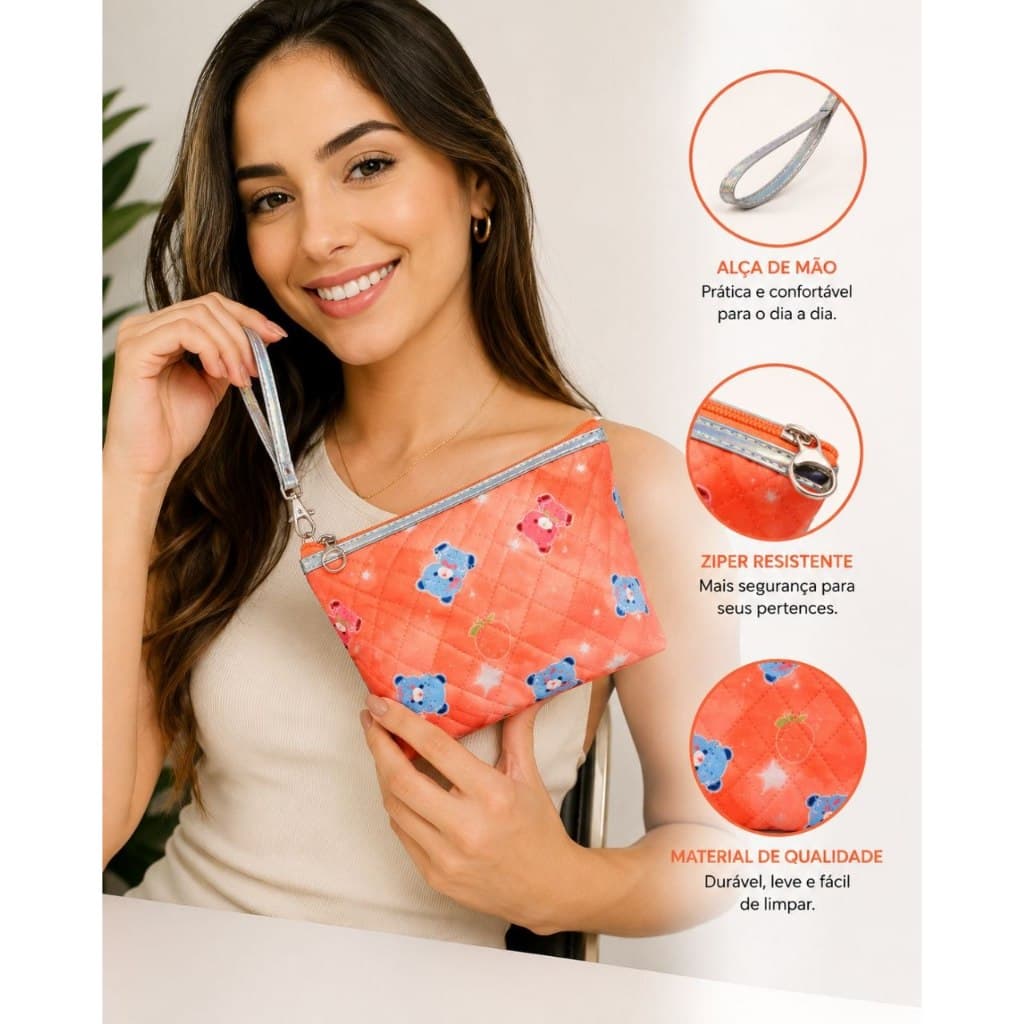 Necessaire Feminina Matelassê Impermeável com Alça de Pulso Porta Maquiagem Organizador Bolsa Cosméticos