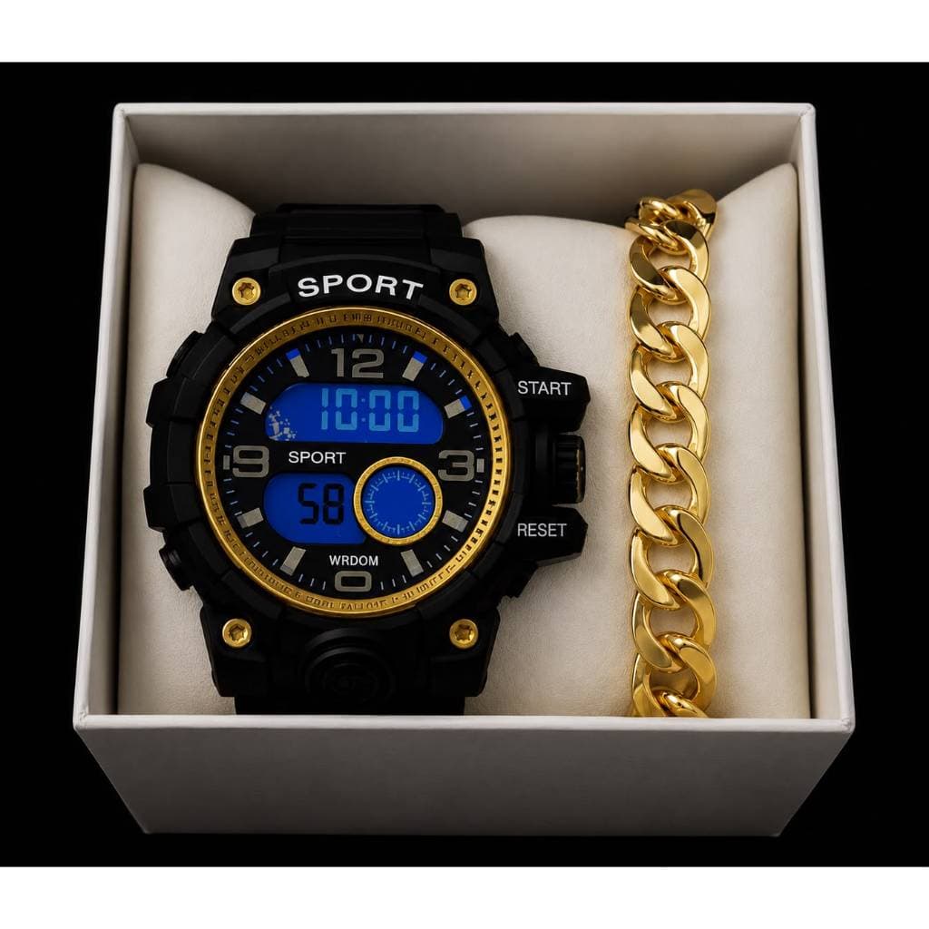 Kit Relógio Shok Esportivo Masculino + Pulseira Prata Dourada + Caixa Presente Dia Dos Pais