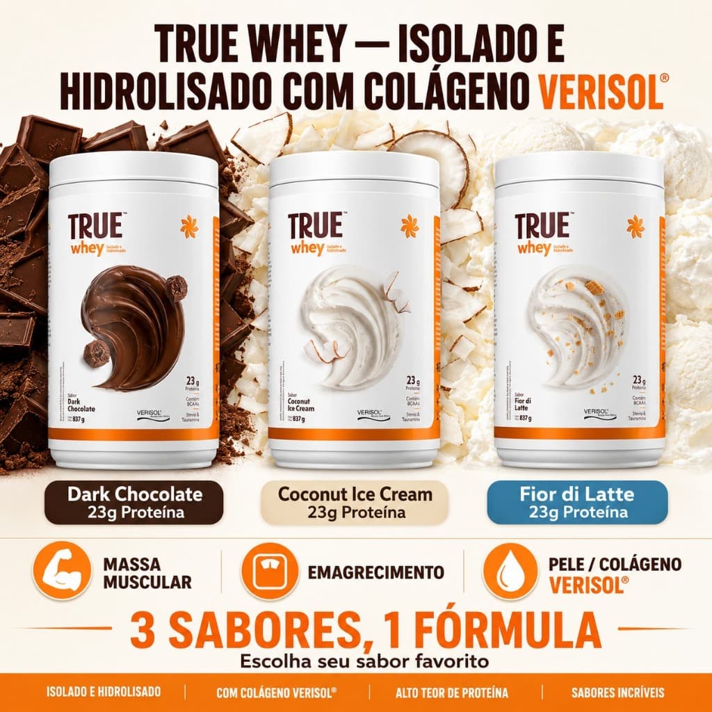 True Whey Protein 837g Whey com Colágeno VERISOL para Pele, Músculo e Emagrecimento