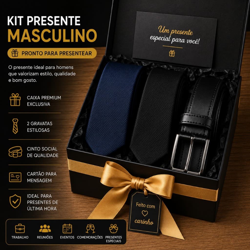 Kit Presente Masculino Pronto Para Presentear Gravatas Slim Cinto Social Caixa Elegante
