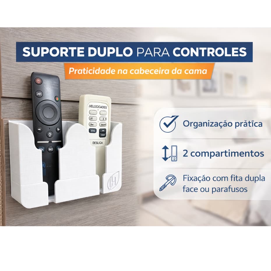 Kit Suporte de Controle Remoto de Parede Duplo | Organizador 2 Nichos TV Ar Ventilador Cabeceira