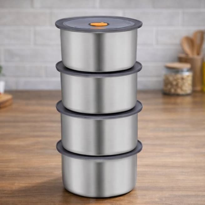 Conjunto com 4 Potes Herméticos Redondos em Inox – 450ml Cada