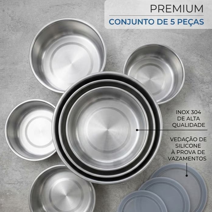 Conjunto com 5 Potes Herméticos Redondos em Inox – Tamanhos Variados