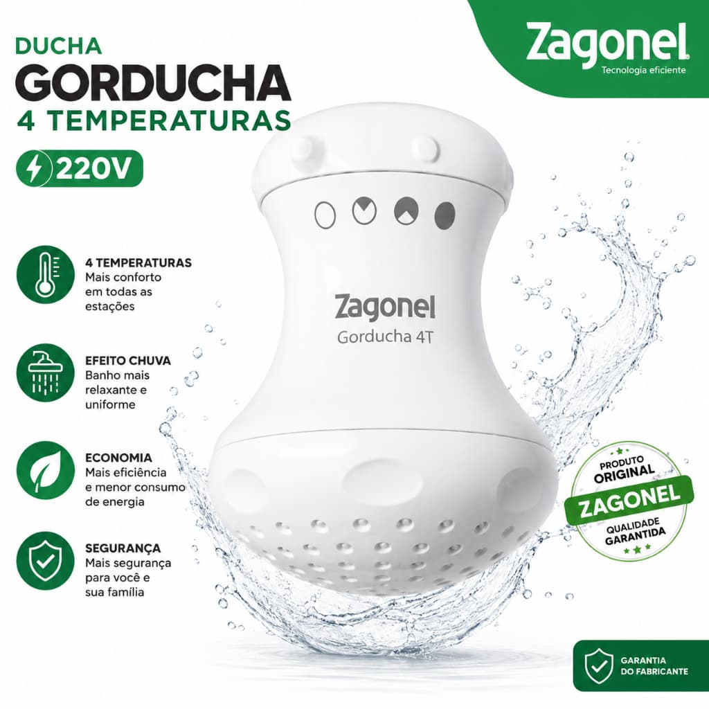 Ducha Gorducha 4 Temperaturas 220V Zagonel Chuveiro Elétrico Banho Quente Original