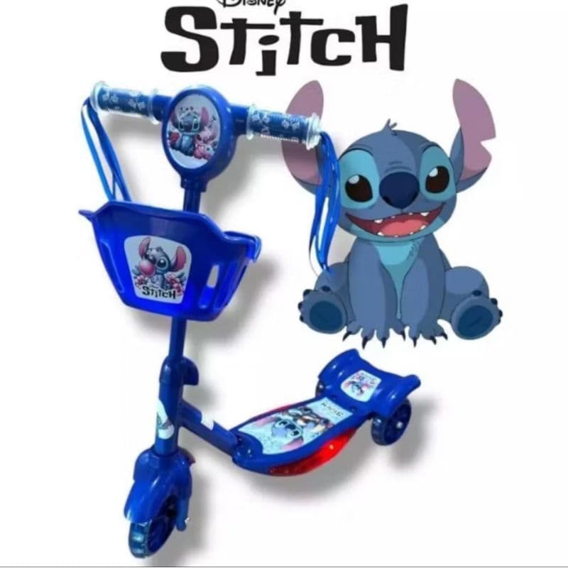 Patinete Infantil 3 Rodas Stitch com Cesta, Luzes e Músicas