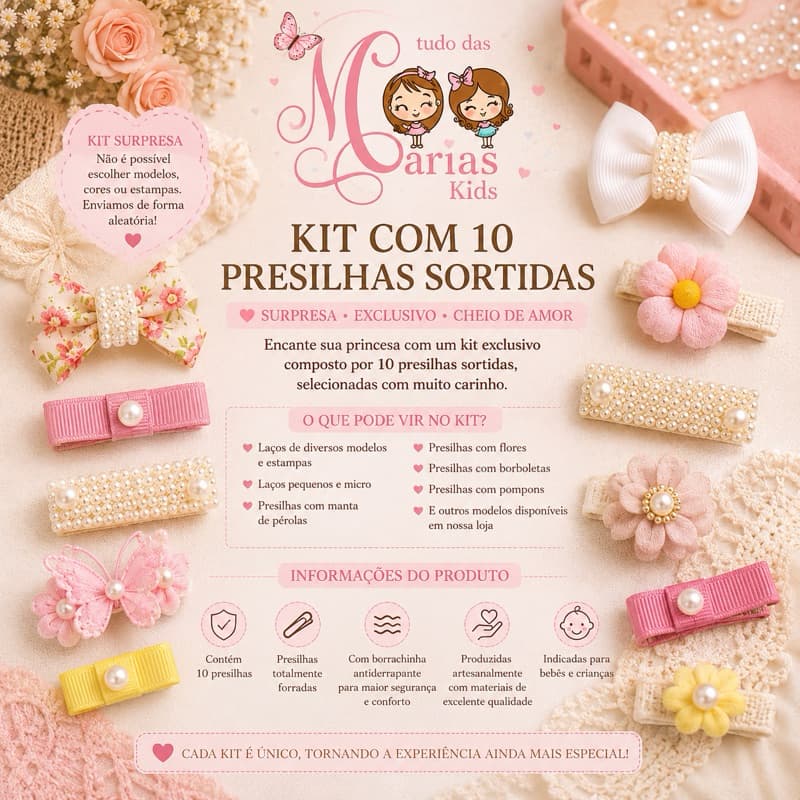 kit com 10 presilhas foradas com laços,flores,borboletas,pompom,perolas para bebê menina