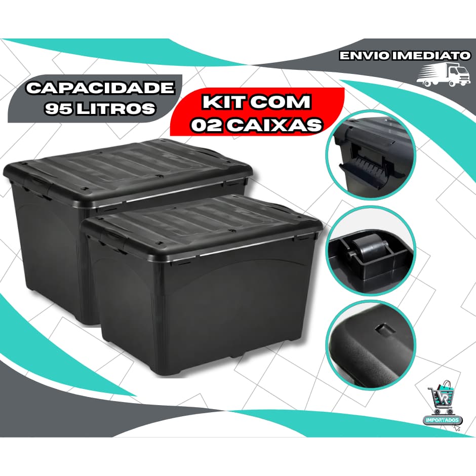 Kit 02 Caixas Organizadoras Grande 95 Litros Preta Tampa Trava Rodinha Transporte Empalhável HeavyBox Reforçada