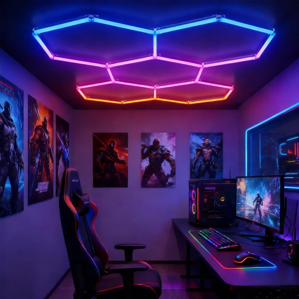 Luminária LED Hexagonal RGB Colmeia, 5 Módulos c/ App e Controle. Ideal p/ Oficinas e Barbearias.